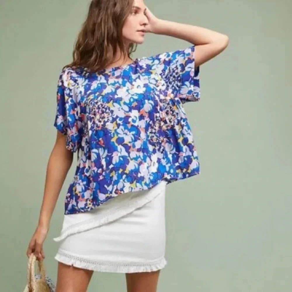 Anthropologie - Maeve Milla Blue Floral Swing Blouse - Size Small